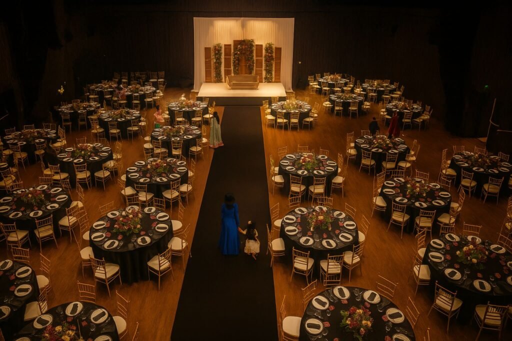 Elegant selskapslokale med dekkede bord hos Villa Vestby Events